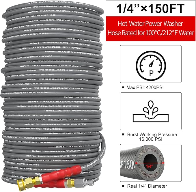 Pressure Washer Hose 150ft, 4200PSI 1/4 Inch Kink Resistant Power Washer Extension Hose, Flexible Heavy Duty Replacement Hose, Compatible with M22 14mm Fittings, High Tensile Wire Braid