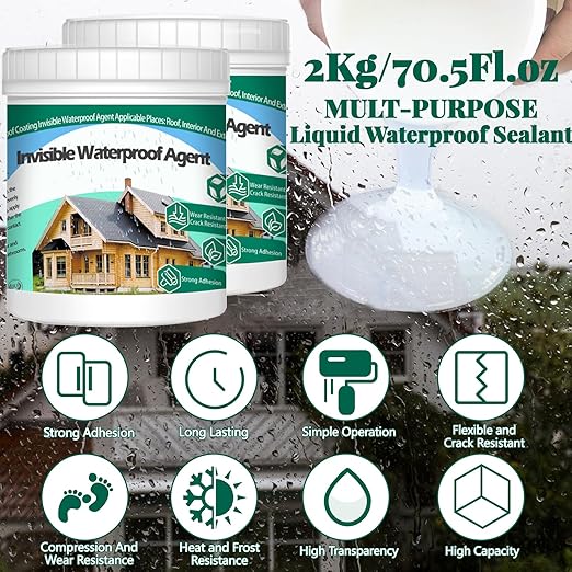 2Kg/70.5Fl.oz Invisible Waterproof Agent Indoor&Outdoor Waterproof Coating Set Transparent Liquid Sealant with Wooden Brush Resistant Work Gloves Putty Knife Cut Paint Roller