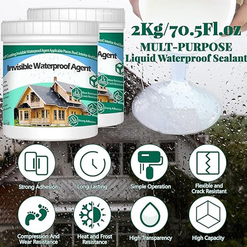 2Kg/70.5Fl.oz Invisible Waterproof Agent Indoor&Outdoor Waterproof Coating Set Transparent Liquid Sealant with Wooden Brush Resistant Work Gloves Putty Knife Cut Paint Roller