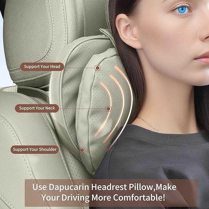 Car Headrest Pillow for Driving, Dual-Sided Leather Design Neck Pillow, Breathable Softness Neck Support, Universal Fit Head Rest Travel Pillow, Off White (Beige), 1 Pack
