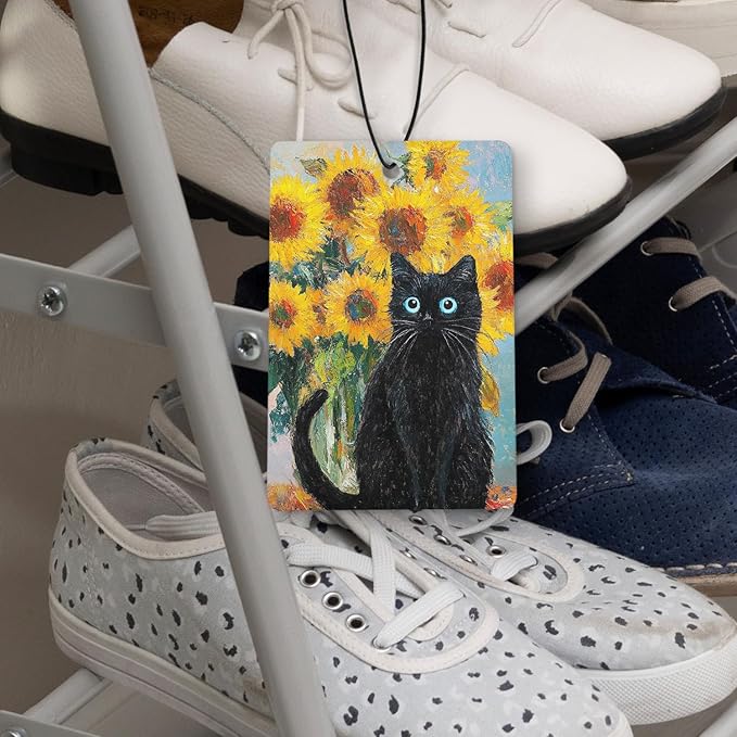 Floral Black Cat Car Air Freshener 4 Pcs, Moody Black Kitten Flower Full Moon Abstract Hanging Air Freshener for Cars Closet Drawer Books, Cat Lover Gifts Car Accessories for Women Girls