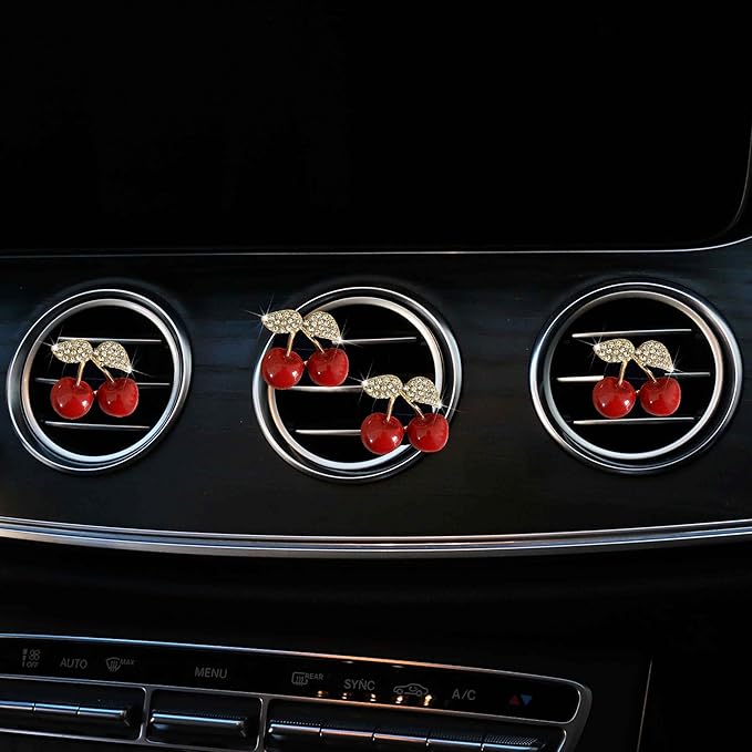 4Pcs Cherry Car Air Vent Freshener Perfume Clip, Rhinestone Air Outlet Fragrance Perfume Clip Freshener, Car Decor（Cherry Flavour）