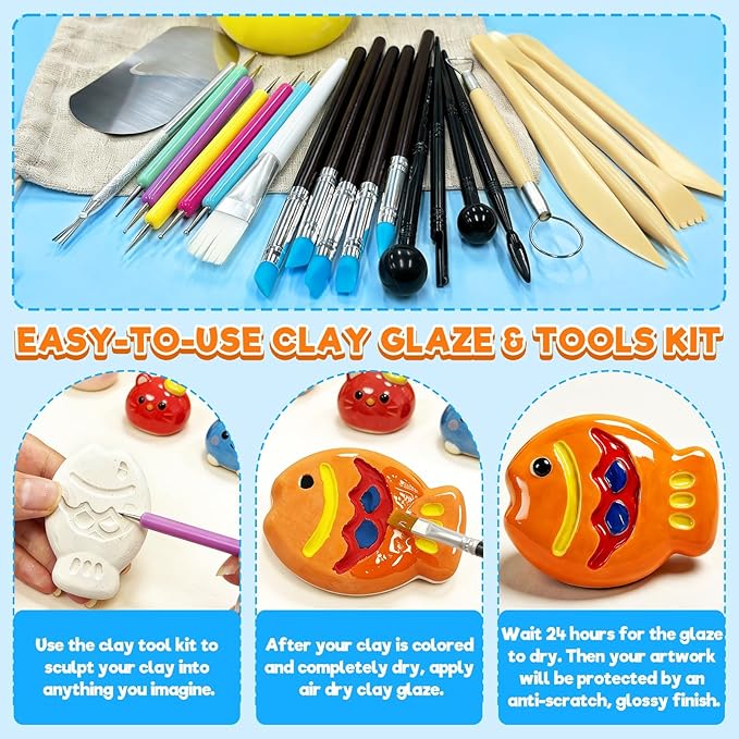 3.4FL OZ Air Dry Clay Glaze & 25pcs Tool Kit, Gloss Clay Varnish Protective Sealant to Prevent Cracking, Scratching & Wear - Pottery Tools for Stippling, Carving, Molding & Shaping Clay Crafts (Gloss)