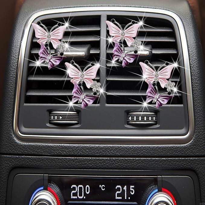 Maitech Car Air Fresheners Vent Clips for Women,4 Pcs Cute Dual Butterfly Diamond Rhinestone Air Freshener Vent Clip Sparkly Bling Car Accessories for Women (Pink)