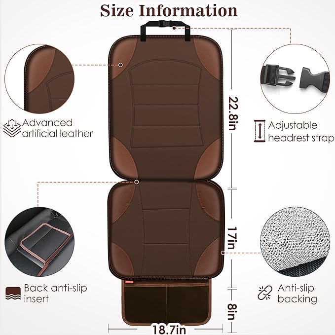 Sinvitron Car Seat Protector for Child Car Seat - Waterproof Non-Slip Leather Mat with 2 Mesh Pockets, Universal Seat Cover for Baby, Pets & Vehicles(2-Pack, Brown)
