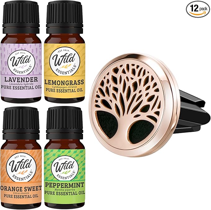 Wild Essentials Rose Gold Tree of Life Essential Oil Car Vent Diffuser Kit with Lavender, Lemongrass, Peppermint, Orange Oils, Stainless Steel Locket, 8 Refill Pads, Customizable Color Changing