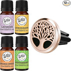 Wild Essentials Rose Gold Tree of Life Essential Oil Car Vent Diffuser Kit with Lavender, Lemongrass, Peppermint, Orange Oils, Stainless Steel Locket, 8 Refill Pads, Customizable Color Changing