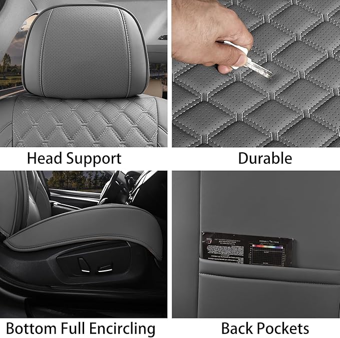 Car Seat Covers Full Set Grey, Luxury Faux Leather Car Seat Covers Waterproof Non-Slip Seat Protector Universal Fit for Most Cars SUVs Trucks Pick-ups,Car Accessories for Front Seats and Back