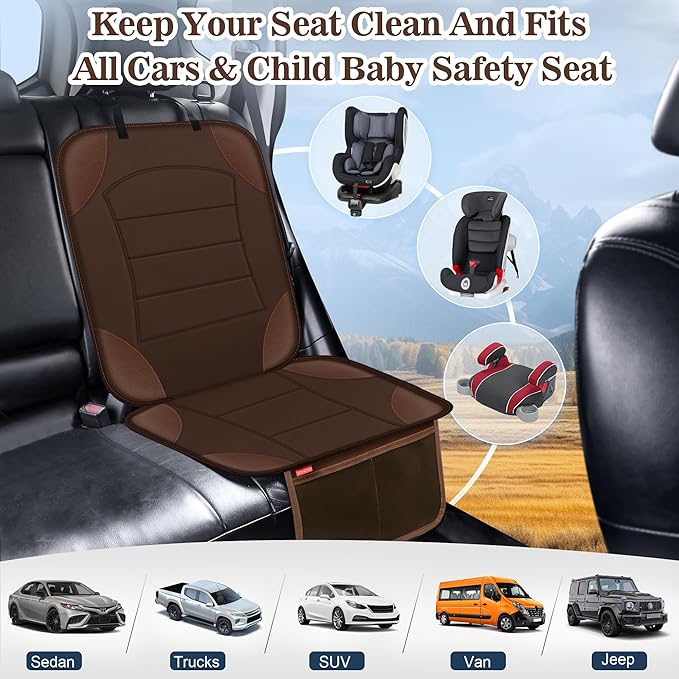 Sinvitron Car Seat Protector for Child Car Seat, Waterproof Car Seat Cover for Leather and Fabric Seats, 2 Mesh Pockets, Non-Slip Bottom, Thick Padding Cushion(1 Pack, Brown)