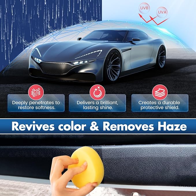 Plastic Trim Restorer – Long Lasting UV Protection Restores Like New, Prevents Fading & Cracking – Easy Application with Applicator for Car Interior & Exterior Bumpers, Vinyl, Rubber – 5oz/150ml