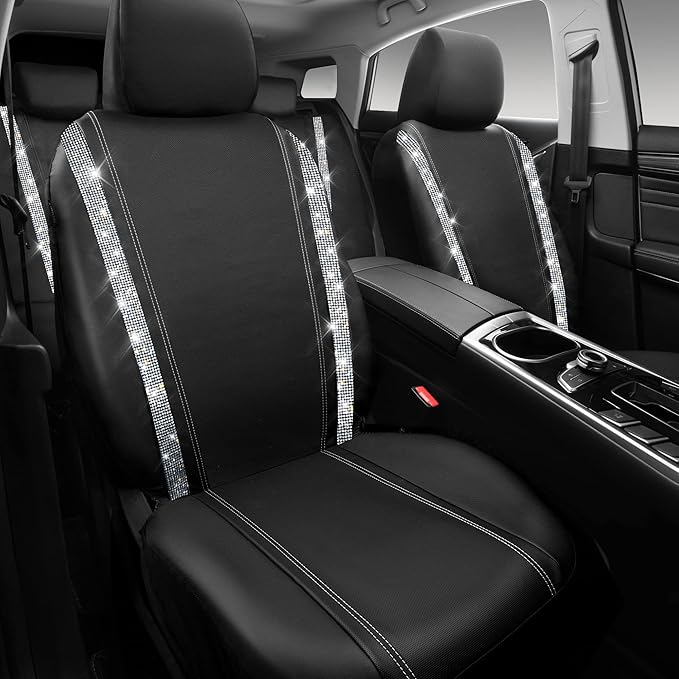 CAR PASS Bling Diamond Car Seat Covers, Shining Rhinestones Waterproof Faux Leather, 8 Seats 3 Rows with Zipper Glitter Crystal Sparkle Strips Universal Fit 95% MPV,SUV,CAR for Women Girl, Silver