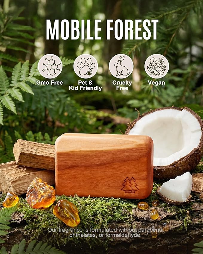 Natural Wooden Car Air Freshener for Visor Clip- Natural Teak/Coconut/Amber Scents, Long-Lasting Odor Eliminator with Metal Clip, 3 Refillable Wood Chips for Cars/Trucks/SUVs (pale yellowish beige)