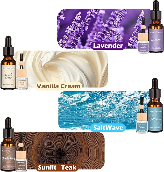 Car Air Freshener & Refill Set, 4-Scent Hanging Air Freshener Diffuser - Each(8ml +20ml Refills), 8 Pack Reusable Car Fragrance Decor Accessories