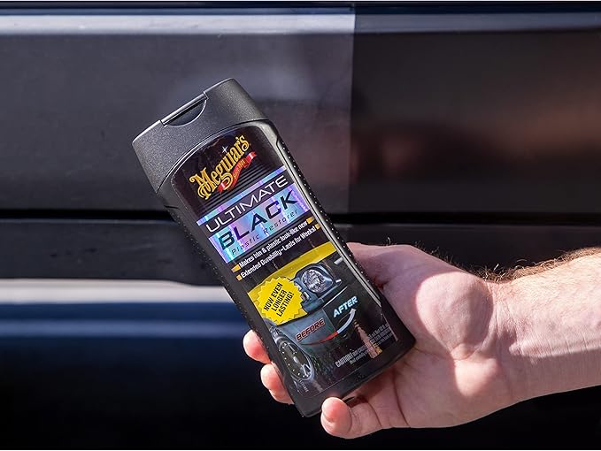 Meguiar's Ultimate Black Plastic Restorer, Durable Car Restorer for Faded Black Plastic, Vinyl, and Rubber, Restores Deep Color and Shine, for Car Guys, 12 Oz