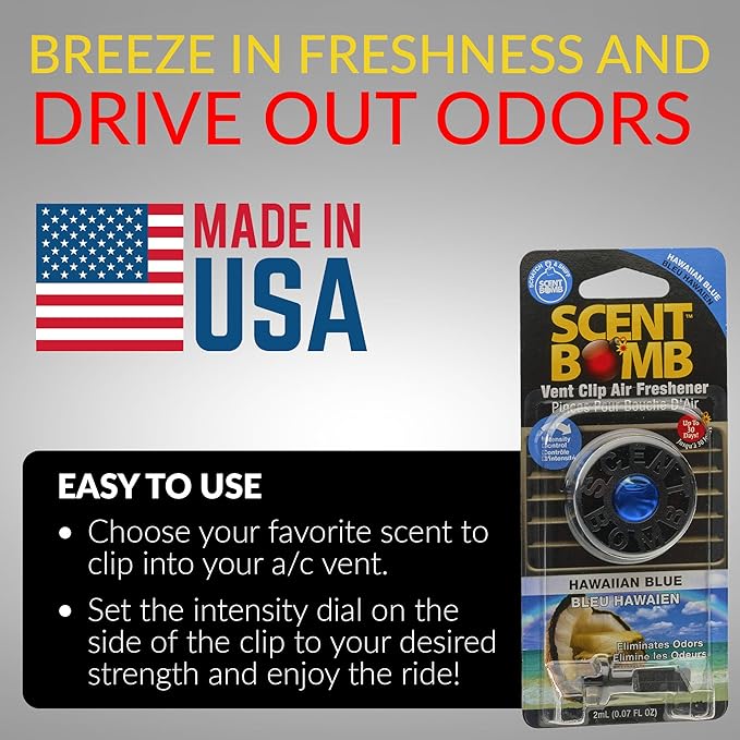 Scent Bomb Car Air Freshener Vent Clip – Long-Lasting Fragrance, Easy Clip-On Design for Freshness On-the-Go, Ideal for Cars, Trucks & SUVs – Keeps Your Vehicle Smelling Fresh (Hawaiian Blue, 3 Pack)