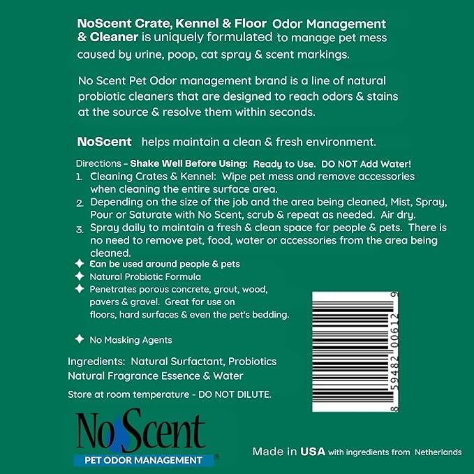 No Scent Crate Kennel & Floor Probiotic Cleaner Spray for Dog Cat Pet Odor Stains (8 Fl Oz / 237 mL)