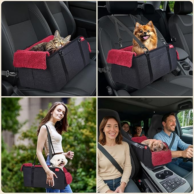 BurgeonNest Center Console Small Dog Car Seat - Portable Pet Cat Puppy Booster Armrest Carseat Up to 11lbs, Anti-Collapse Comfort Car Travel with Washable Fluffy Cushion and Pillow, Red
