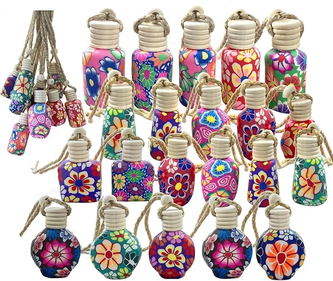 20Pcs 15ml Glass Car Diffuser Bottles Empty Bulk,Hanging Car Diffusers for Essential Oils,Refillable Car Air Freshener for Fragrance Perfume Aromatherapy with Flowers Women Home Decor,Color Random