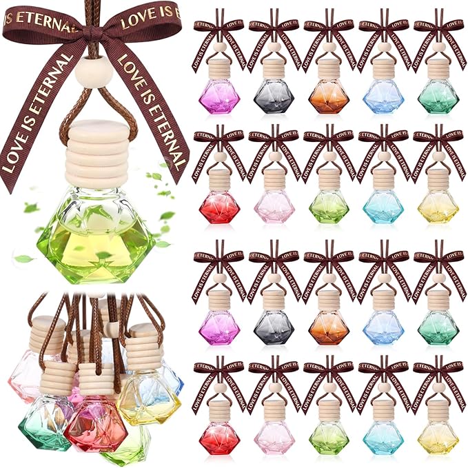 Mudder 50 Pcs Gradient Hanging Car Air Freshener Empty Clear Glass Diffuser Bottles for Essential Oils Perfume Pendant for Women Guests Wedding Favors Employee Appreciation Gifts(Rhombus,Colorful)
