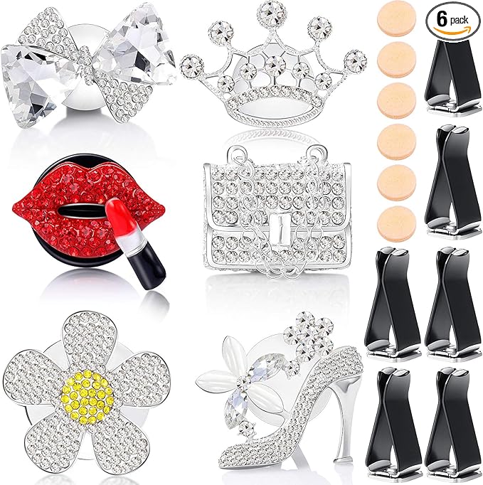 6 Pieces Car Air Vent Decoration Bling Car Interior Decoration Silver Rhinestone, Car Air Freshener Clip with Aromatic Soft Pad (Rhinestone Style)