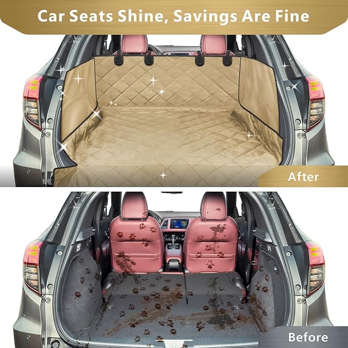 F-color SUV Cargo Liner for Dogs - Waterproof Pet Cargo Liner with Side Flaps, Comfort Dog Cargo Cover with Bumper Flap, Scratchproof Non-Slip Large for Full-Size SUVs Vans, 55 x 93 Inch, Khaki