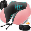 Travel Pillow, Travel Pillows for Sleeping Airplane, Neck Pillow Airplane, Memory Foam Neck Pillow Set with Eye Mask, Earplugs and Storage Bag -Pink