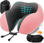 Travel Pillow, Travel Pillows for Sleeping Airplane, Neck Pillow Airplane, Memory Foam Neck Pillow Set with Eye Mask, Earplugs and Storage Bag -Pink