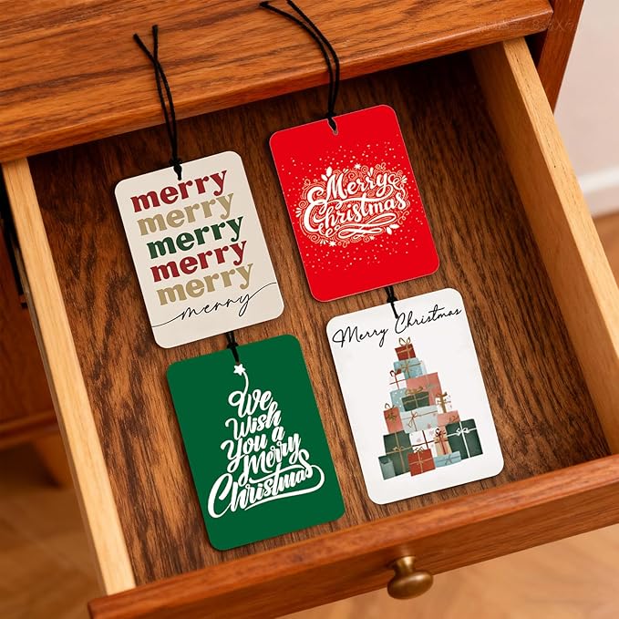 Modern Christmas Car Air Fresheners 4 Pcs, Minimal Holiday Merry Christmas Tree Gift Stack Hanging Air Freshener Set, Neutral Festive Car Accessories for Women