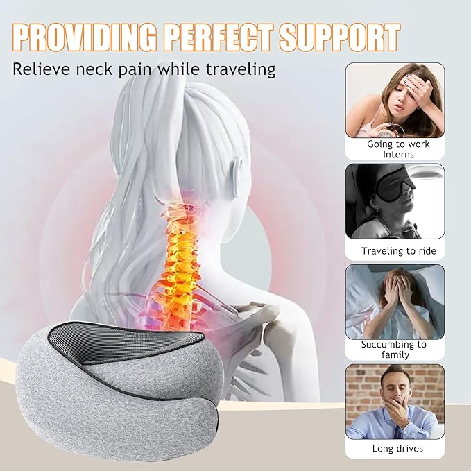 Pillows for Travel Headrest Neck Support Travel Pillows for Airplanes Or Trains, 360° Head Support Sleep for Long Flight, Kit with 3D Contoured Eye Mask, Earplugs and Storage Bag