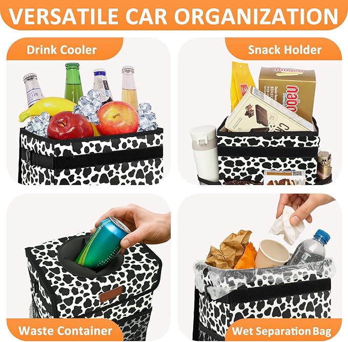 Car Trash Can for Car Cute,Bag Bin Hanging Waterproof Automotive Garbage Cans Leak Proof Vehicle Trash Can Cow Print