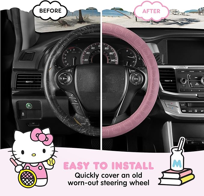 Hello Kitty Steering Wheel Cover, Official Sanrio Car Steering Wheel Cover with Easy Clip-on Car Air Freshener – Cute and Long-Lasting Hello Kitty Air Freshener for Car, Odor Eliminator, Fun Scents