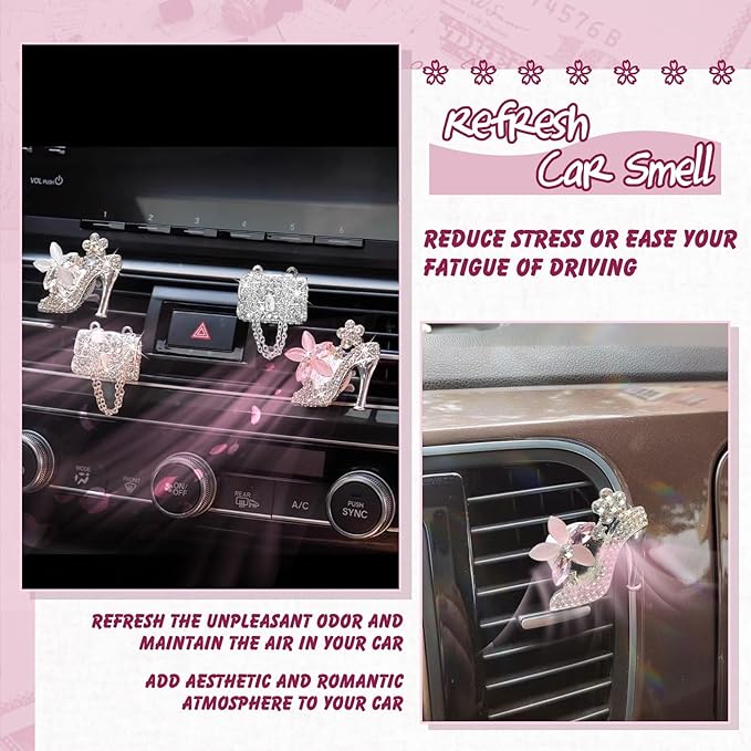 x xotic tech 4Pcs Bling Air Vent Fresh Clips Rhinestone Car Fresheners Air Outlet Decor Car Interior Crystal Charm Accessories Valentine's Day Gifts for Her Girlfirend Women (Pink High Heel Shoes)