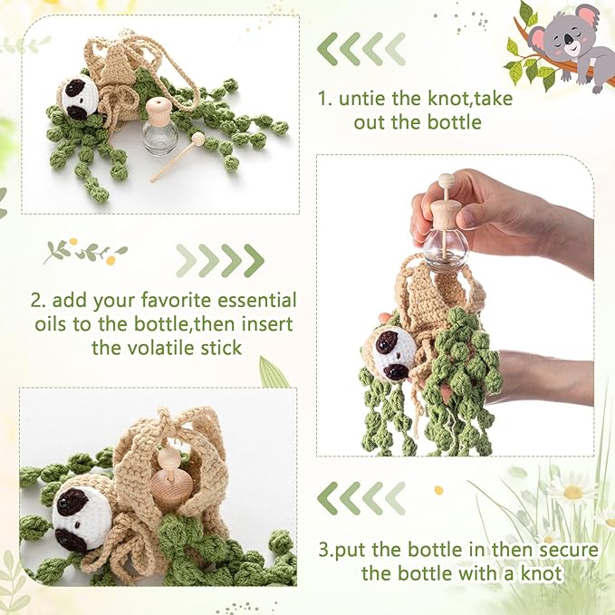 Cute Crochet Plant Car Freshener 12ml Empty Refillable Diffuser Bottle with Plants Hanging Accessories for Rearview Mirror Home Office Decor Women Mother's Day Gifts(Sloth)