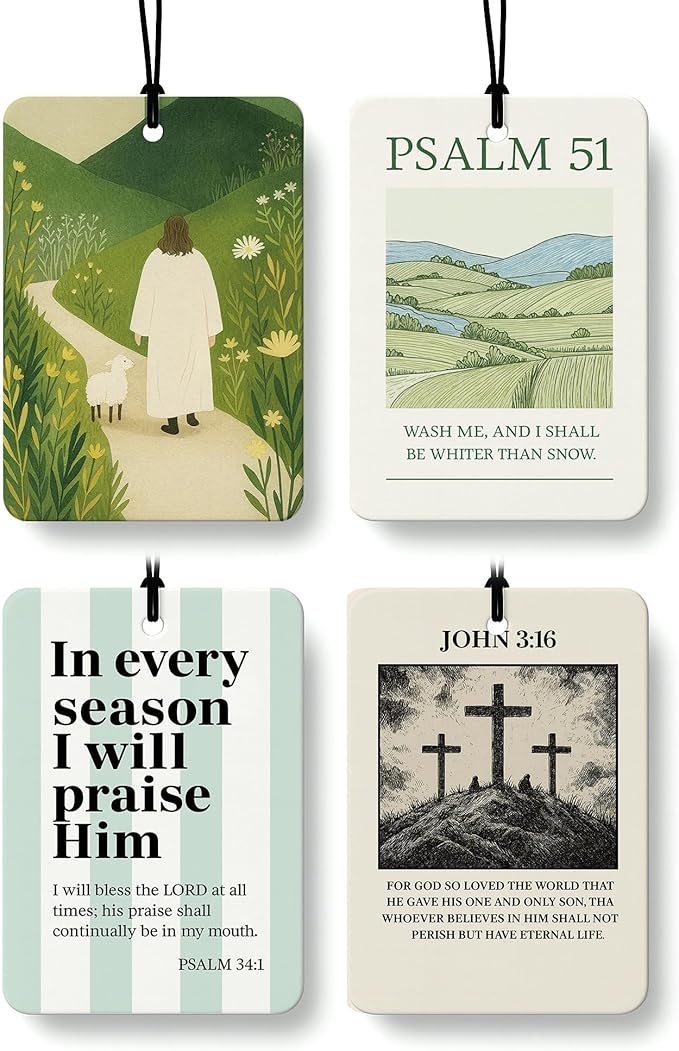Trendy Jesus Christian Car Air Freshener 4 Pcs Coconut Scented, Religious Faith Car Accessories Mirror Decor for Women, Christian Cross Hanging Air Freshener for Cars Closet Drawer Books