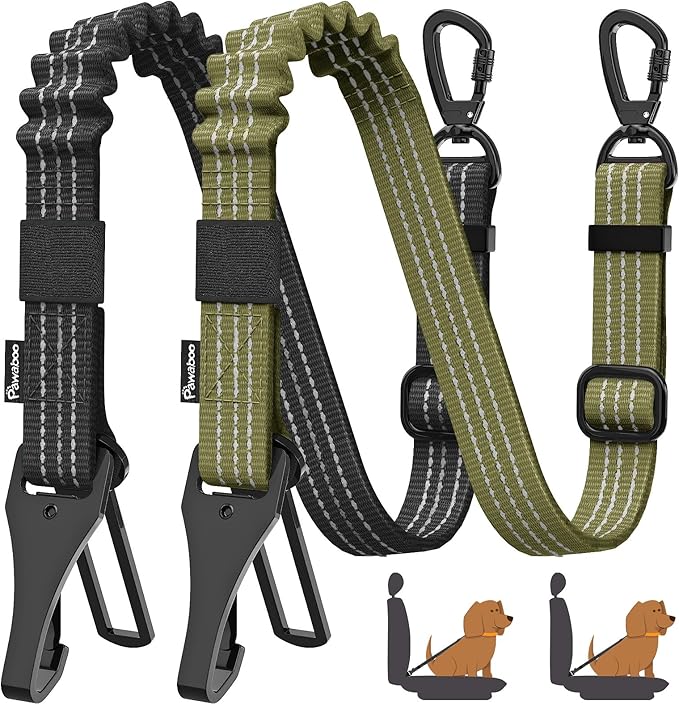 Pawaboo 2Pack Dog Seatbelt for Car, 3-in-1 Dog Car Seat Belt, Shockproof Dogs Tether with Buckle & Hook Latch, Adjustable Reflective Dogs Cars Leash with 360° Lockable Buckle, Army Green + Black