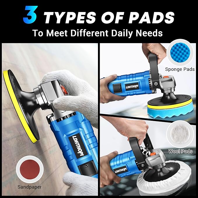 LDHTHOPI Buffer Polisher Kit for Car - 6/7 Inch Rotary 1600w Polisher Buffer Waxer,7 Variable Speed 1000-3500rpm,Detachable Handle Buffing Machine for Car, Boat Sanding, Polishing Waxing, Blue 2