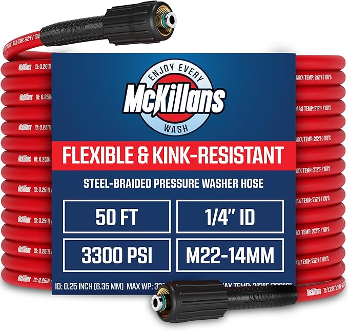 McKillans® Pressure Washer Hose 50 ft - Flexible & Kink-resistant - Steel-Braided & Durable- M22-14mm Stainless Steel Plug - Power Washer Hose - High Pressure 1/4" Inner Diameter - Long 50 ft Reach