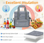 Insulated Lunch Box for Men & Women - Double Layer Leakproof Lunch Bag with Adjustable Shoulder Strap, Expandable Food Cooler for Work, Office, Travel, Camping (Grey)