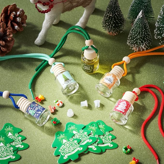 Boao 30 Pcs Christmas Employee Appreciation Gifts Hanging Car Air Freshener Diffuser Bottles Bulk Empty Perfume Glass Bottle Pendant with Christmas Tree Cards & Stickers for Essential Oil Fragrance