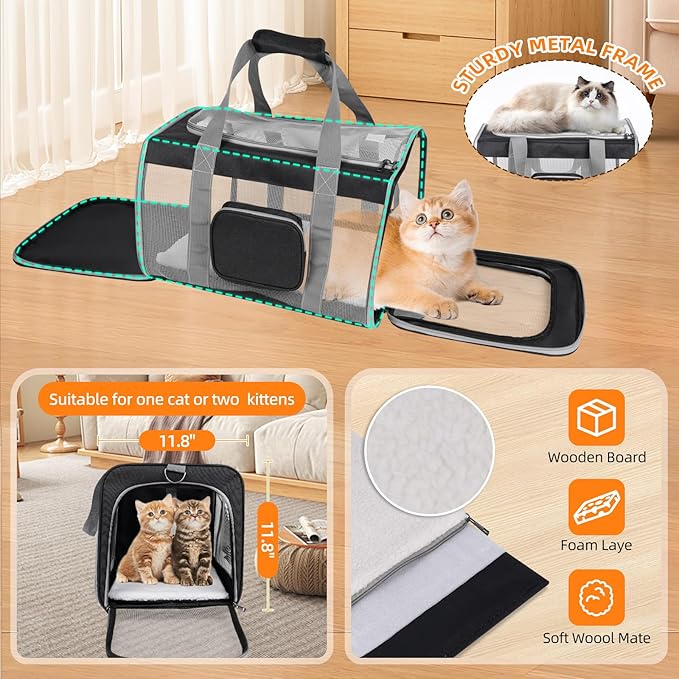 Cat Carrier for Large Cats up to 20 Lbs,Soft-Sided Pet Carrier for Large and Medium Cats, Small Dogs,Puppies,Collapsible Dog Carrier Travel Bag with 2 Storage Bags,4 Mesh Windows (Black, Medium)