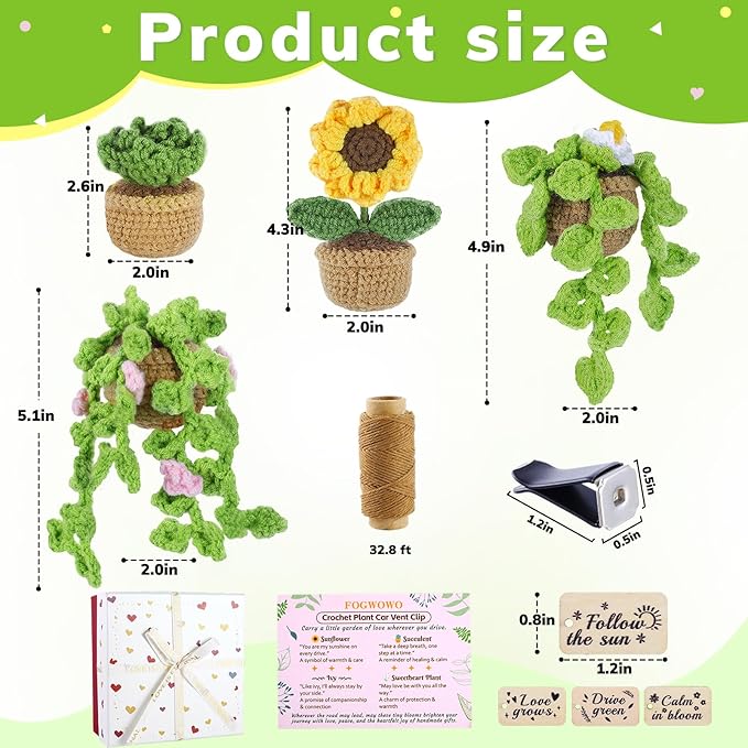 4 Pcs Crochet Plant Vent Clips for Car,Handmade Mini Plant Car Air Fresheners with Inspirational Cards,Succulent Sunflower Potted Plants Car Vent Clips Xmas Crochet Gift for Plants Lover with Gift Box