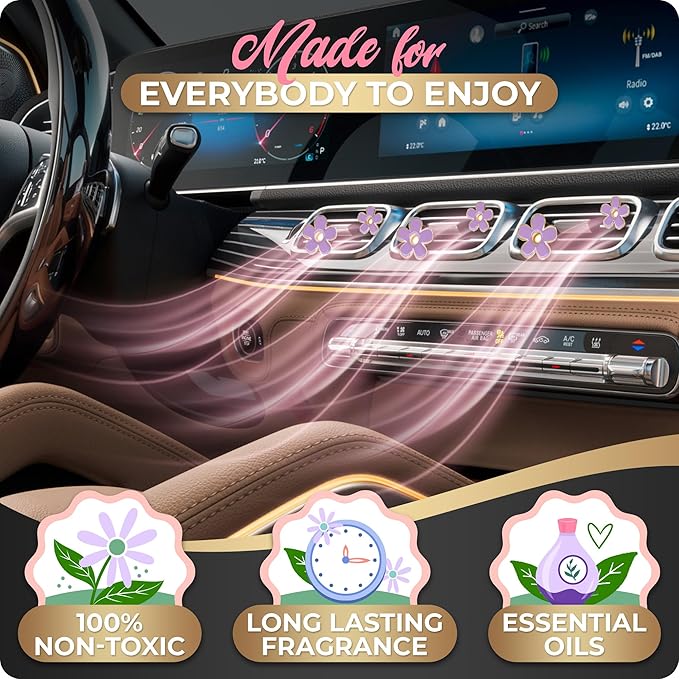 Automotive Colorful Car Decoration - Air Vent & AC Outlet Clips - Air Freshener & Interior Car Decor for Girls & Women (Purple, Lavender, Eucalyptus, Jasmin)