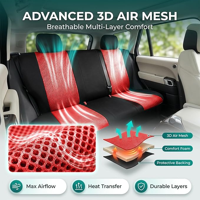 FH Group Automotive Full Car Seat Covers for SUV, Trucks, Sedan and More - Universal Fit Front High Back & Rear Solid Bench Design Interior Accessories - 3D Air Mesh Fabric Center Panel - Red