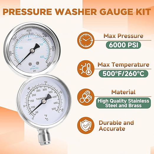 RIDGE WASHER 2-in-1 Pressure Washer Gauge, Stainless Steel Power Washer Gauge Temperature Gauges, 3/8 Inch Quick Connect, 6000 PSI