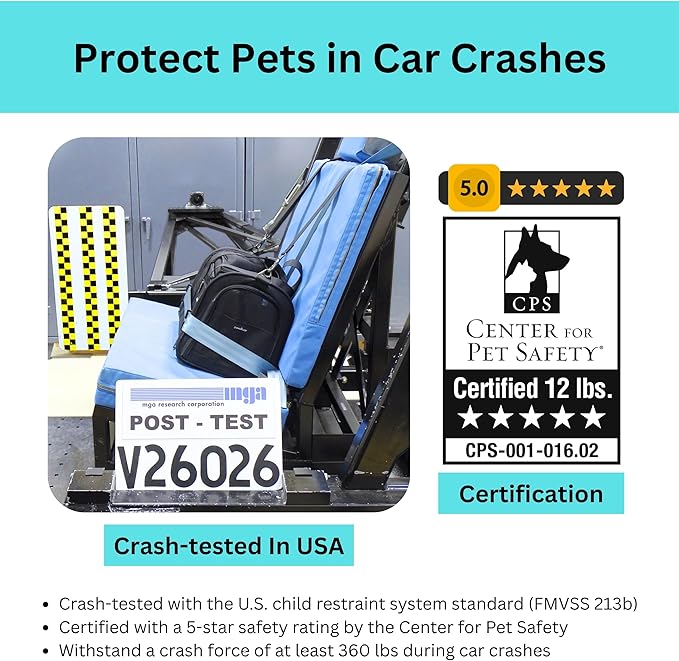 Crash-Tested Dog Car Carrier (Test with FMVSS 213b - 5 Star Safety Rated by CPS) | 2-in-1 Small Pet Car Seat, Expandable Cat Carrier Soft | Lab-Tested Dog Travel Bag for Safe Travel |