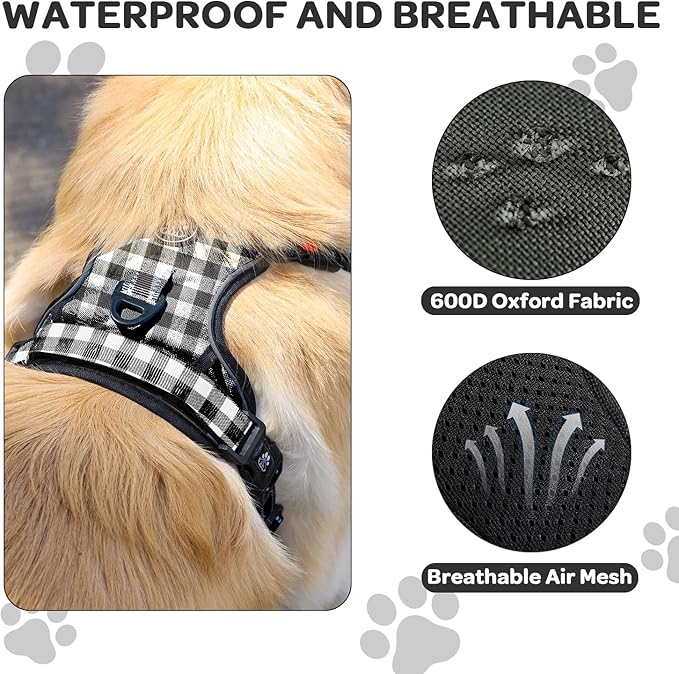 FURRYFECTION Plaid Dog Harness for Medium Dogs, Reflective No Pull Adjustable Pet Vest with Front Clip, Leash, Easy Control Handle and Seat Belt, Beige&White, M