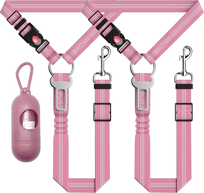 3-Piece Dog Car Harness Set - Retractable, Adjustable, Reflective Dog Seatbelt for Vehicle Headrests - Heavy Duty & High Elastic, Pink