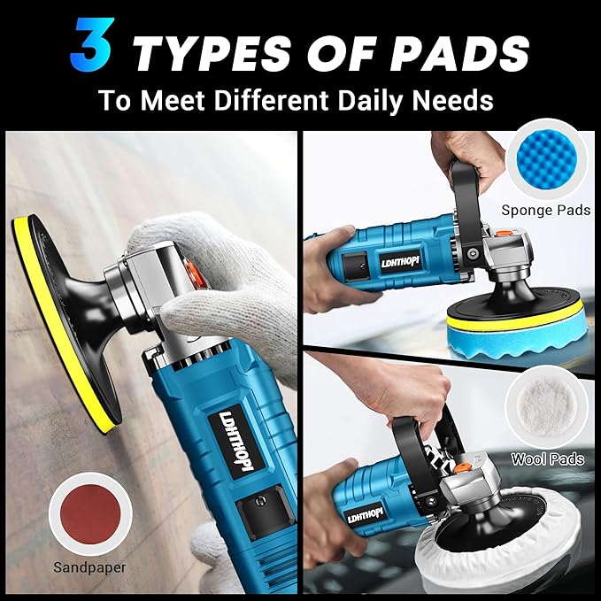 LDHTHOPI Buffer Polisher Kit for Car - 6/7 Inch Rotary 1600w Polisher Buffer Waxer,7 Variable Speed 1000-3500rpm,Detachable Handle Buffing Machine for Car, Boat Sanding, Polishing Waxing, Blue 3