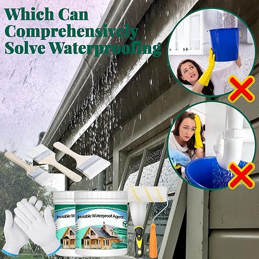 2Kg/70.5Fl.oz Invisible Waterproof Agent Indoor&Outdoor Waterproof Coating Set Transparent Liquid Sealant with Wooden Brush Resistant Work Gloves Putty Knife Cut Paint Roller