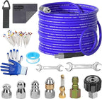 NIFUAL 100FT Sewer Jetter Kit for Pressure Washer, 5800PSI Drain Cleaner Hose 1/4 Inch NPT Corner, Rotating and Button Hose Sewer Jetting Nozzle Waterproof Tape Pearl Corsage Pin Spanner Glove